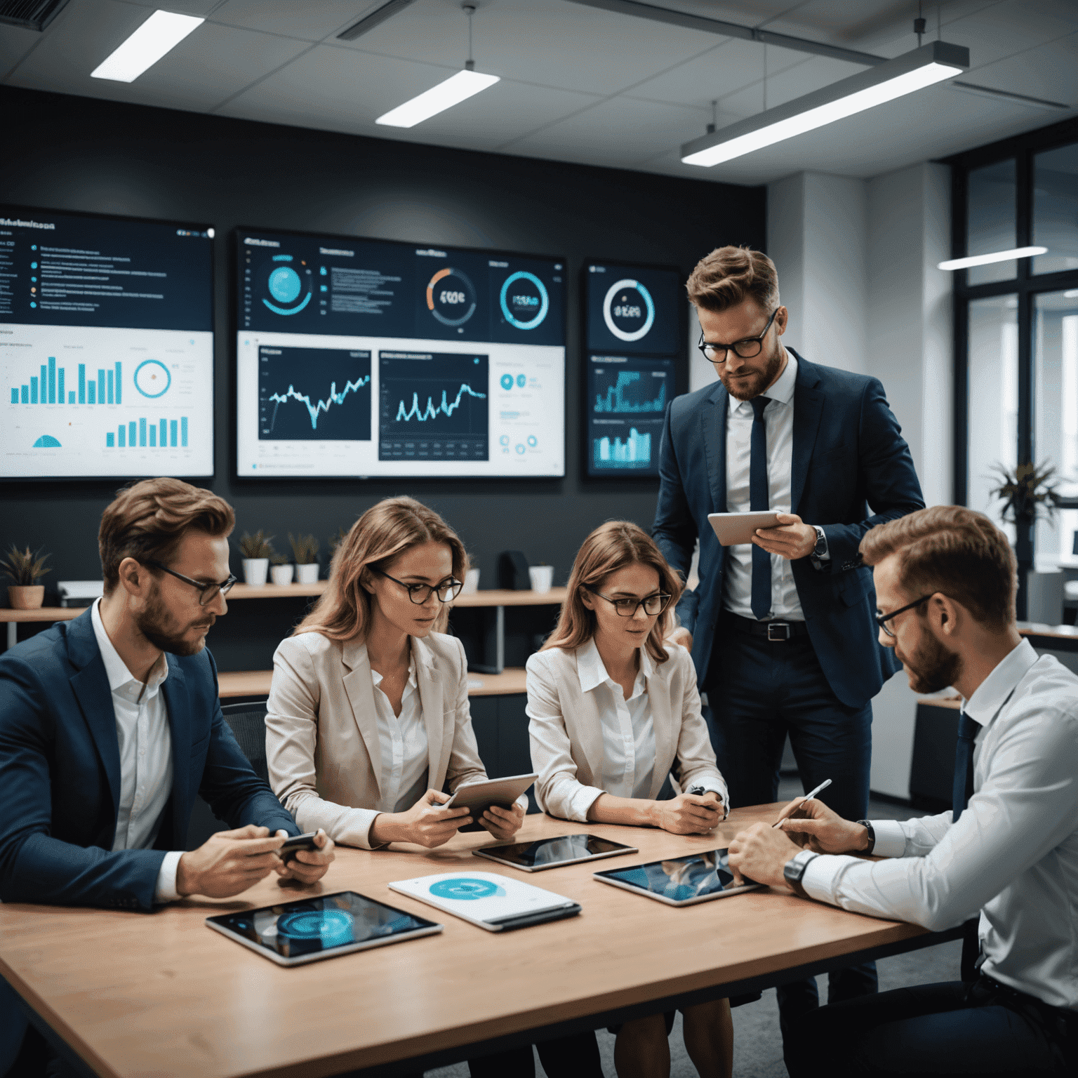 Equipo de profesionales discutiendo estrategias de transformación digital en una oficina moderna, utilizando tabletas y pantallas interactivas para visualizar datos y procesos de negocio