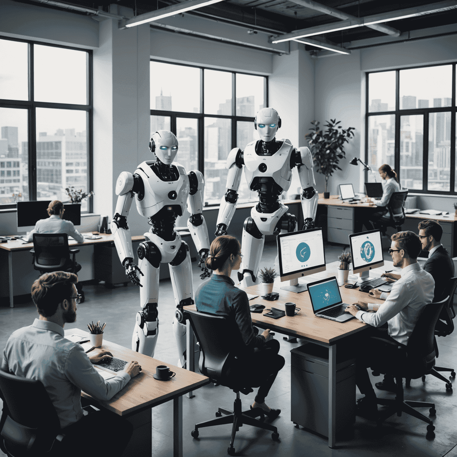 Imagen que muestra robots y humanos trabajando juntos en una oficina moderna, representando la integración de la IA en procesos empresariales