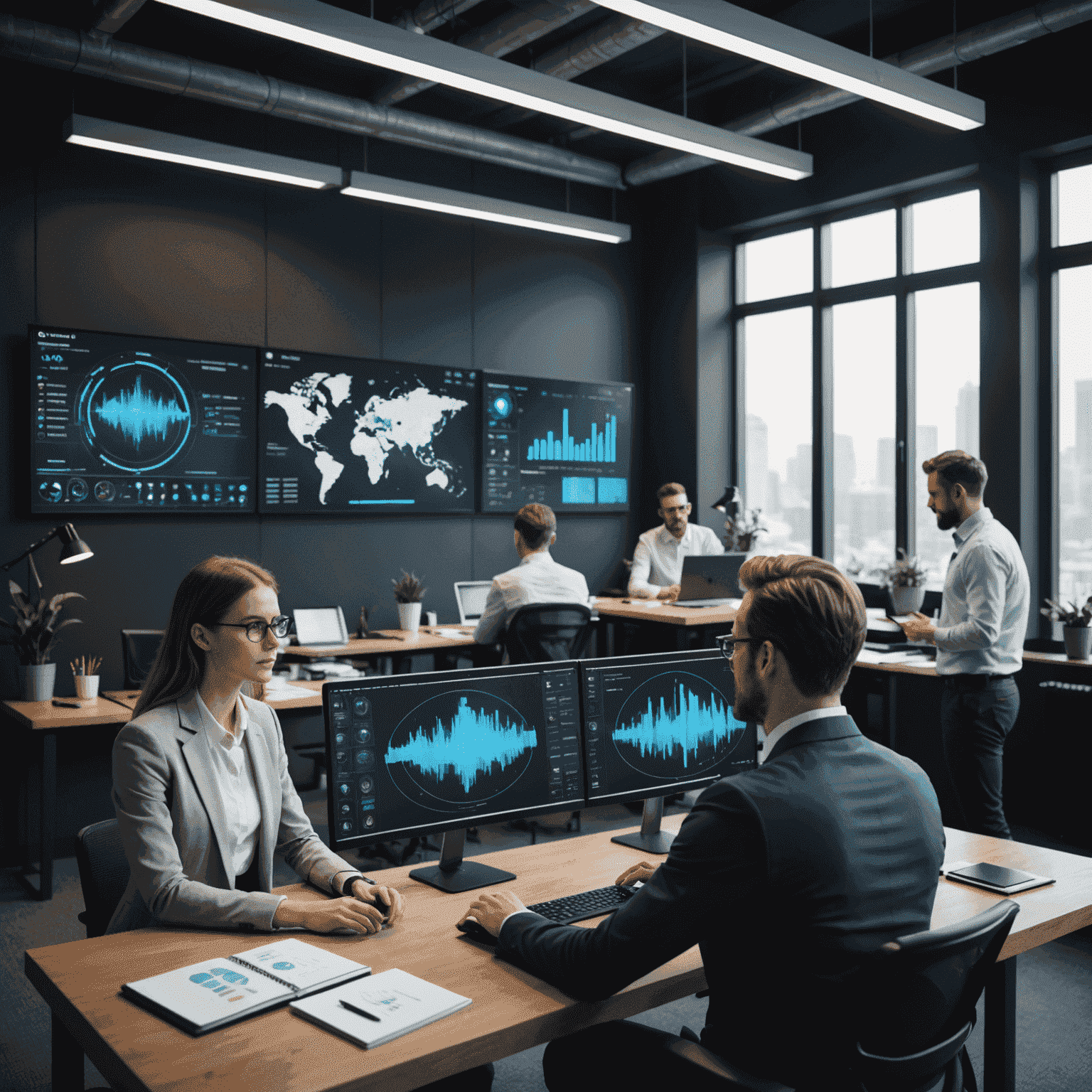 Equipo de profesionales analizando datos en pantallas con gráficos de IA en una oficina moderna