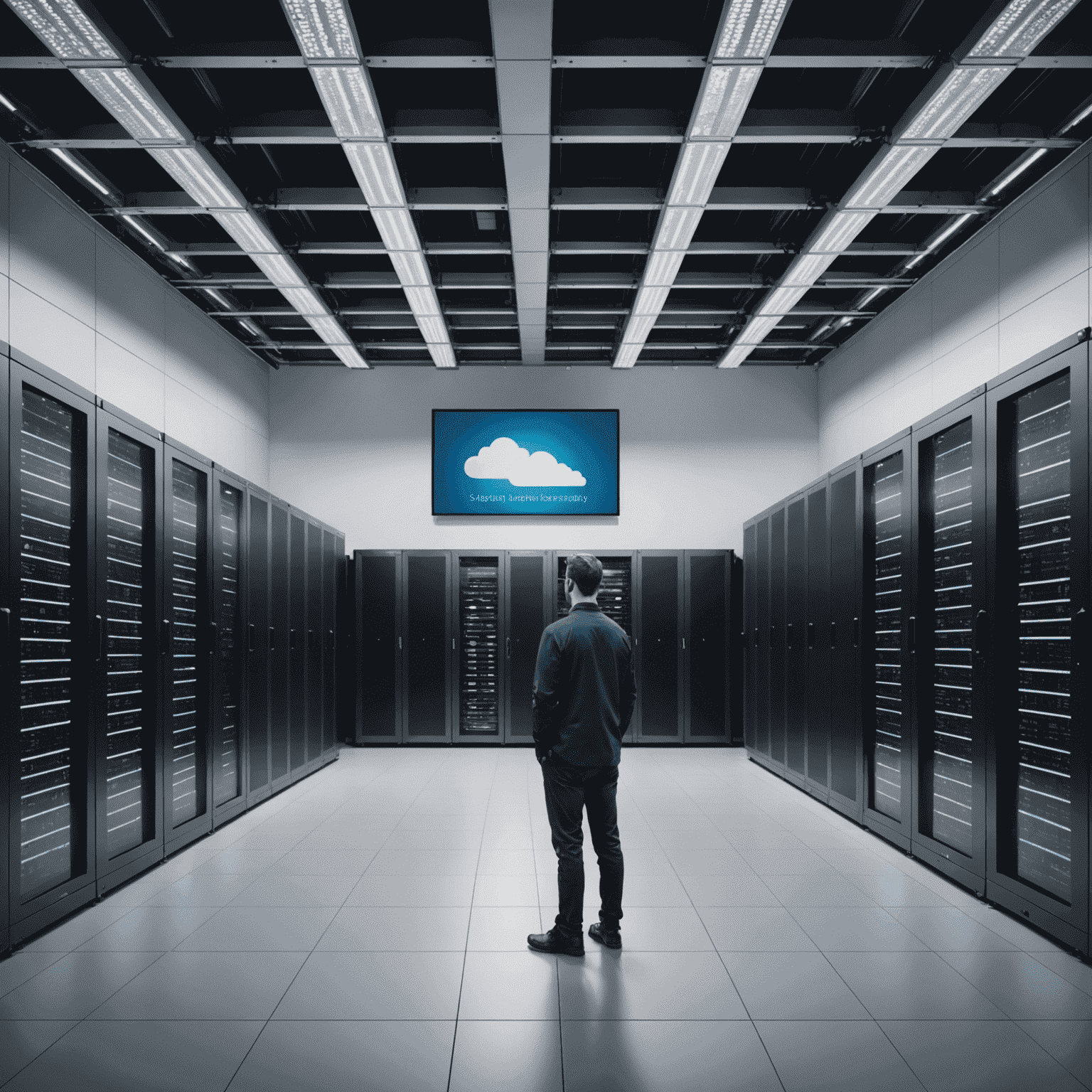 Imagen de un centro de datos moderno con servidores y técnicos trabajando, representando la infraestructura de cloud computing