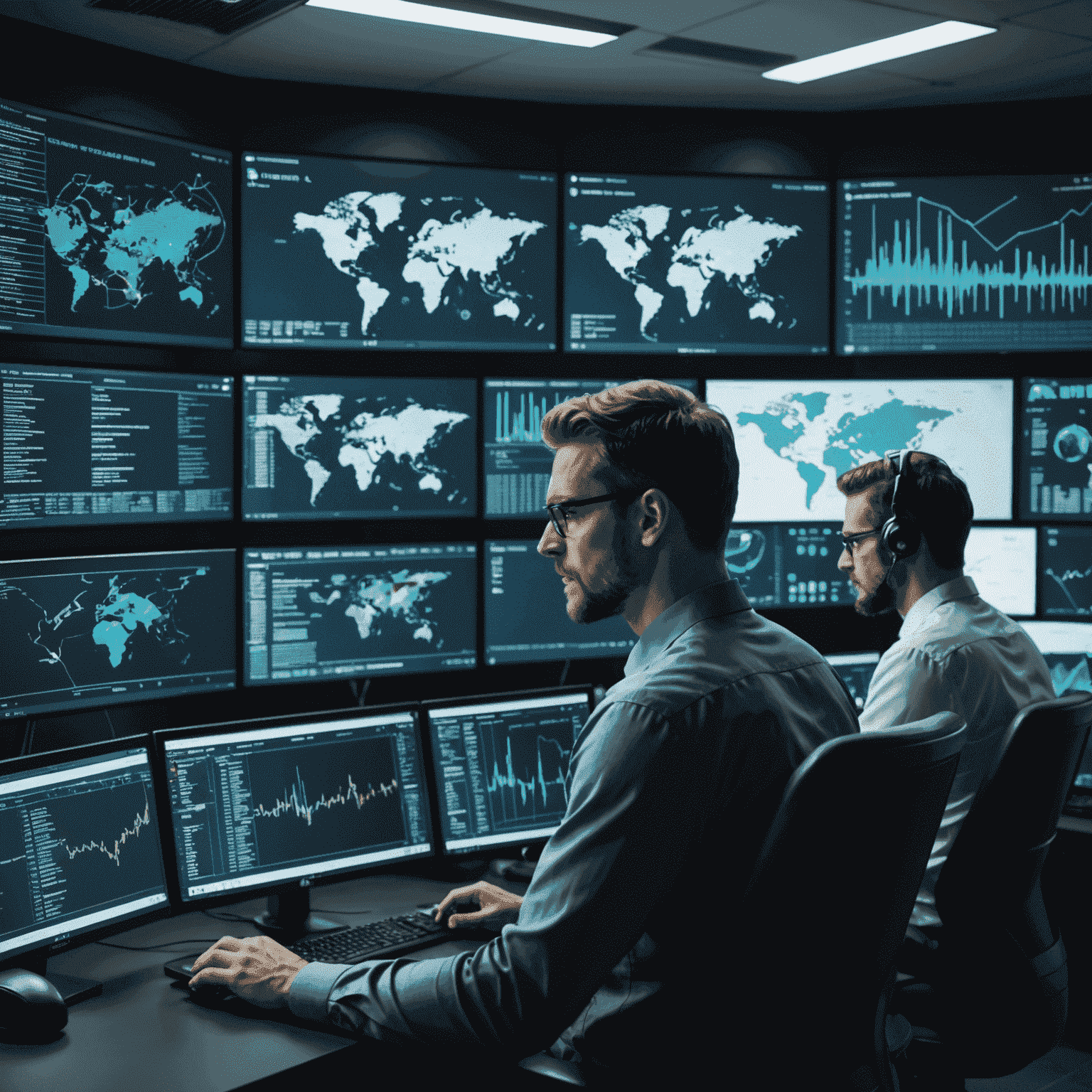 Equipo de profesionales de ciberseguridad trabajando en una sala de control moderna con múltiples pantallas mostrando datos de seguridad y gráficos de amenazas en tiempo real