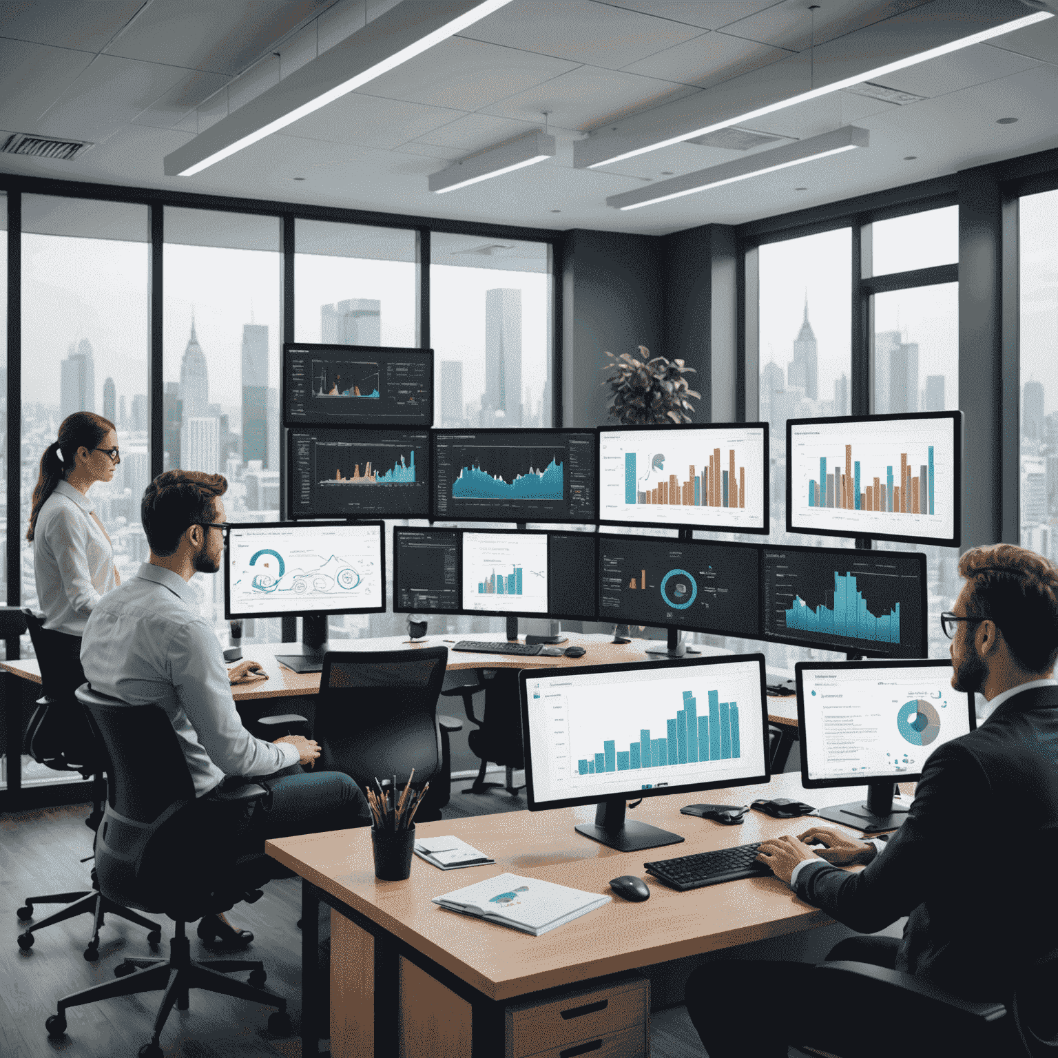 Equipo de analistas de datos trabajando en una oficina moderna con múltiples pantallas mostrando gráficos y visualizaciones de big data