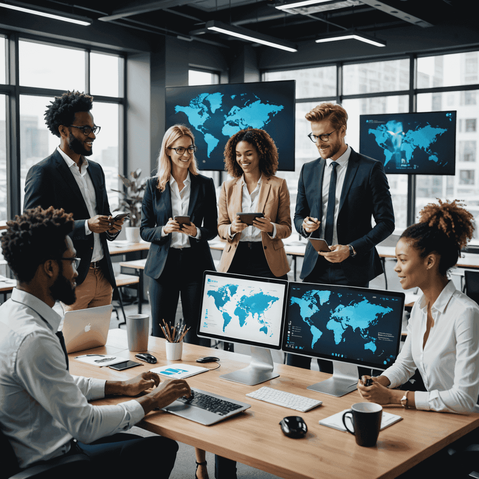 Equipo de profesionales diversos colaborando en una oficina moderna con pantallas digitales y dispositivos móviles, simbolizando la transformación digital en la cultura empresarial