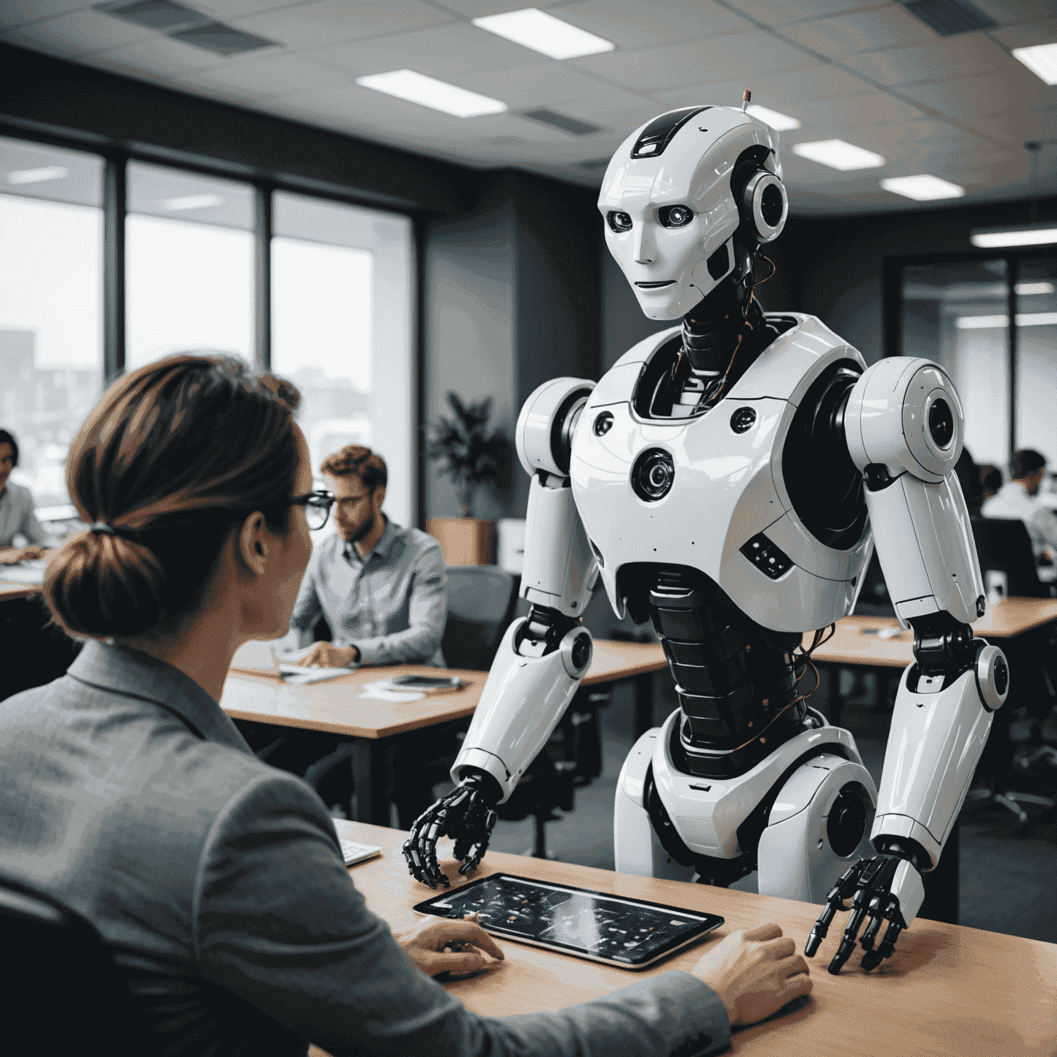 Imagen que muestra un robot interactuando con empleados en una oficina moderna, simbolizando la integración de la IA en procesos empresariales