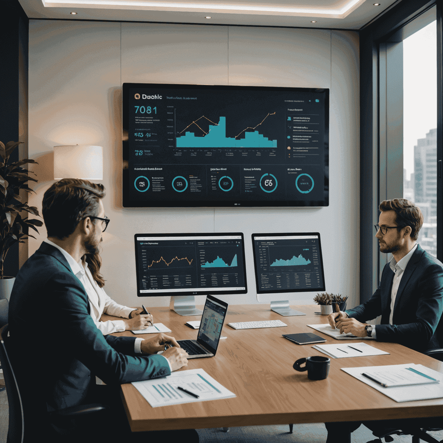 Ejecutivos revisando dashboards de IA con predicciones y análisis de tendencias en una sala de juntas