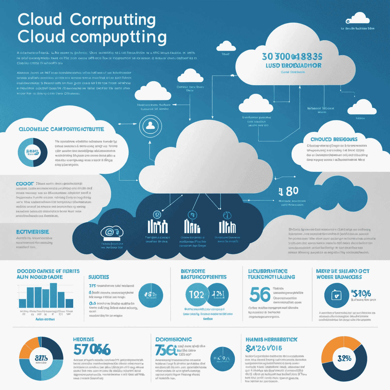Infografía mostrando estadísticas de adopción de cloud computing en empresas y sus beneficios en términos de eficiencia y ahorro de costos
