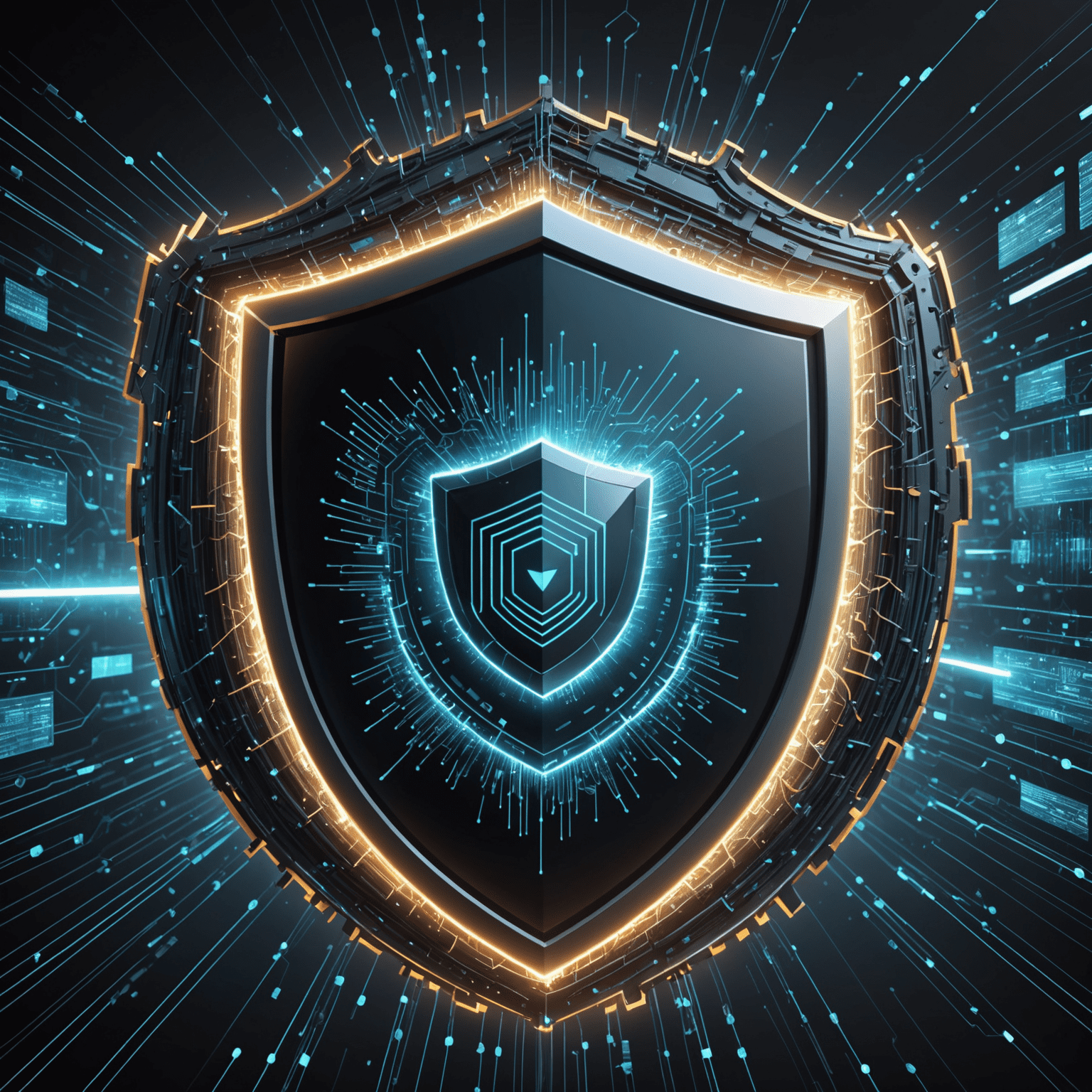 Representación futurista de un escudo digital protegiendo una red empresarial, con líneas de código y datos fluyendo alrededor, simbolizando las avanzadas medidas de ciberseguridad del futuro