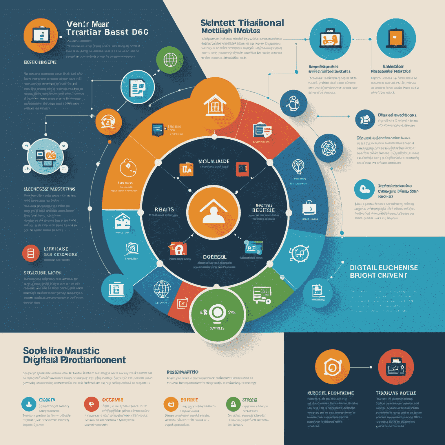 Infografía que muestra la evolución de los modelos de negocio tradicionales a los digitales, con iconos representativos de plataformas, suscripciones, personalización y economía colaborativa