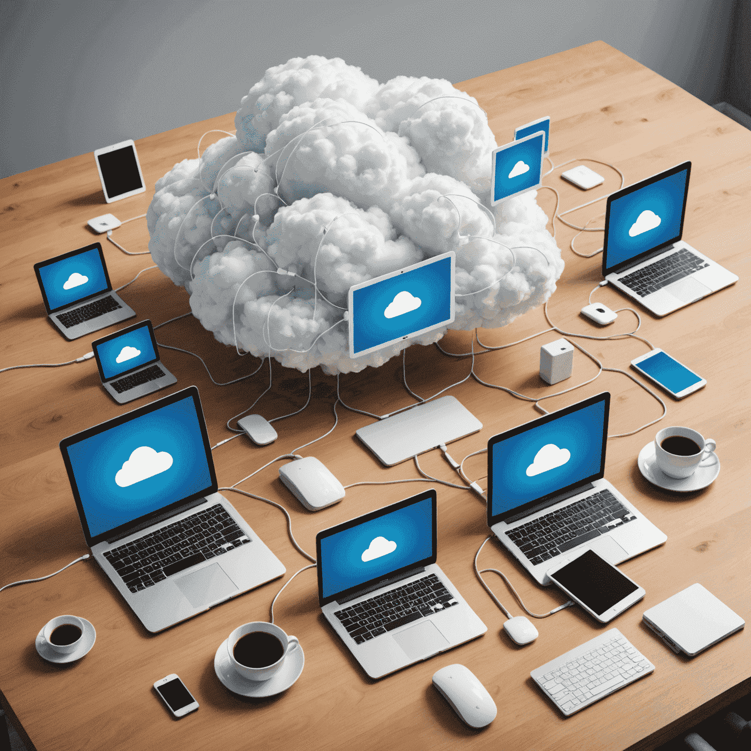 Ilustración de una nube conectada a varios dispositivos empresariales, representando la infraestructura de cloud computing