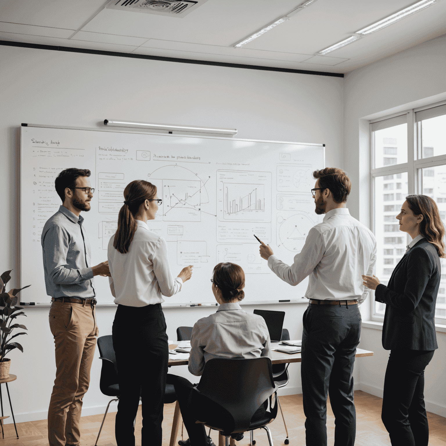 Profesionales de ética y tecnología discutiendo sobre regulaciones de IA frente a una pizarra con diagramas