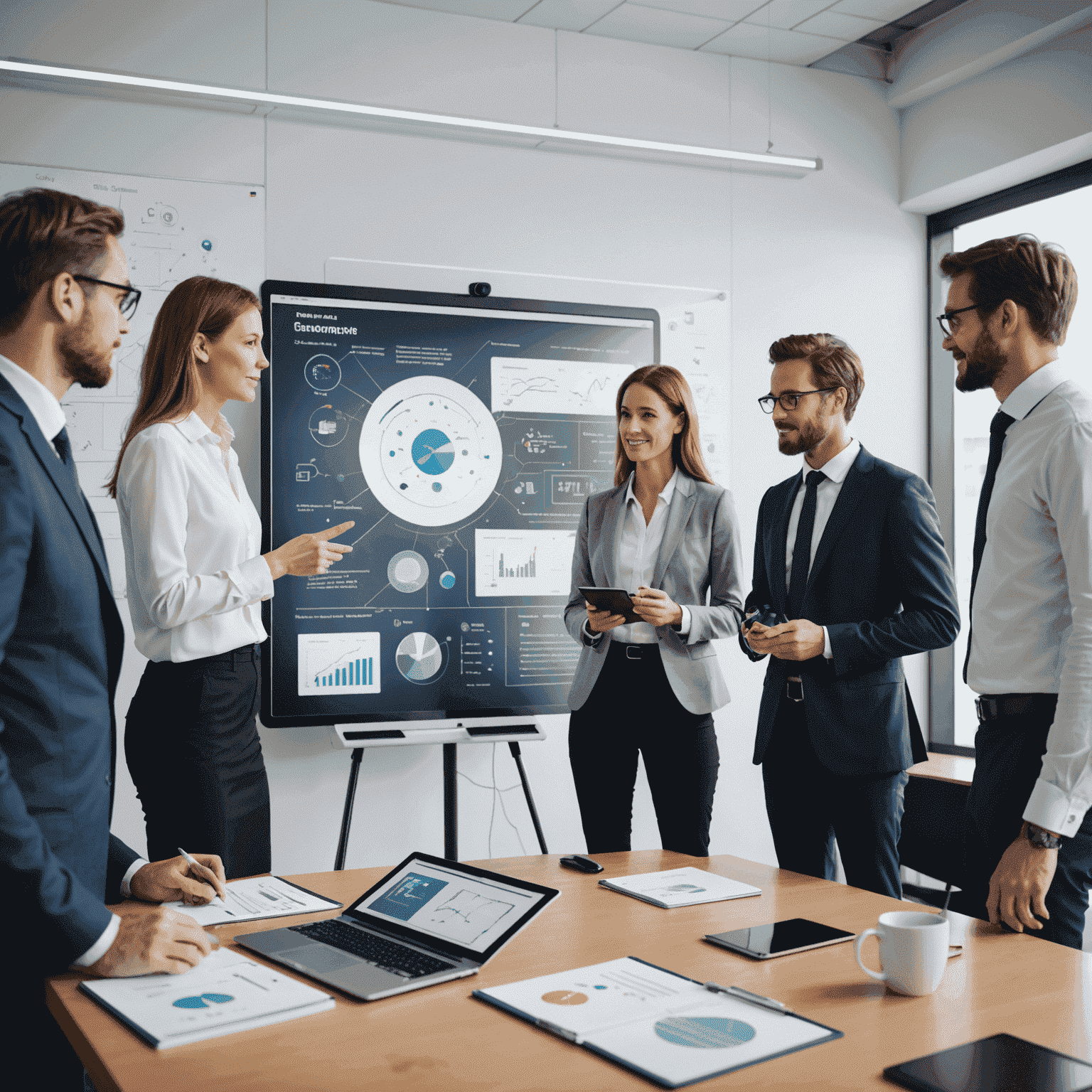 Grupo de líderes empresariales discutiendo frente a una pizarra digital con un plan estratégico de transformación digital, rodeados de dispositivos tecnológicos modernos