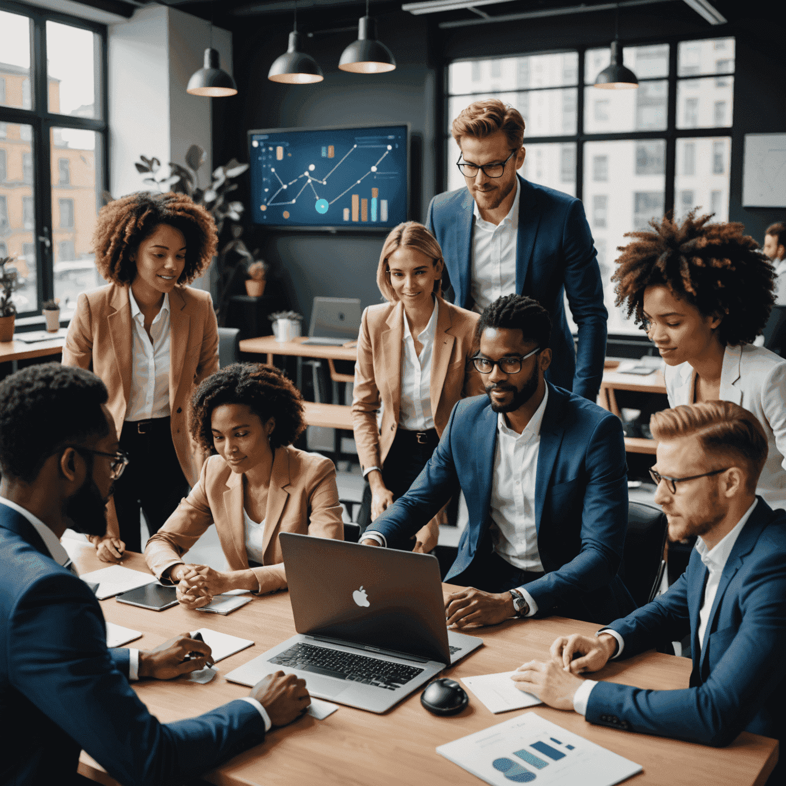 Imagen de un equipo diverso trabajando en un entorno digital moderno, simbolizando la transformación digital y el cambio cultural en las empresas